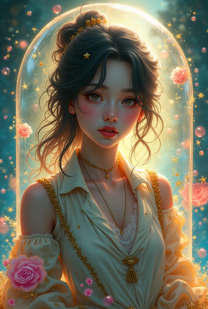 Leila (masterpiece), (Highest quality), (Super detailed),(Disheveled Hair),(figure), (1Girl), Beautiful fine details,Delicate and beautiful face,FloatinG,(hiGh saturation),(Colorful splashes),Colorful Bubbles,(shininG),Focus on the face, sittinG inside a Glass ball, G;ass caGe, Golden stars and lanterns、Military uniforms