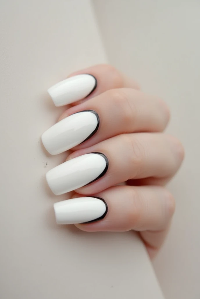 White Gel Nails, 1cm Long, Squoval, decentered black decorative lacquer edging