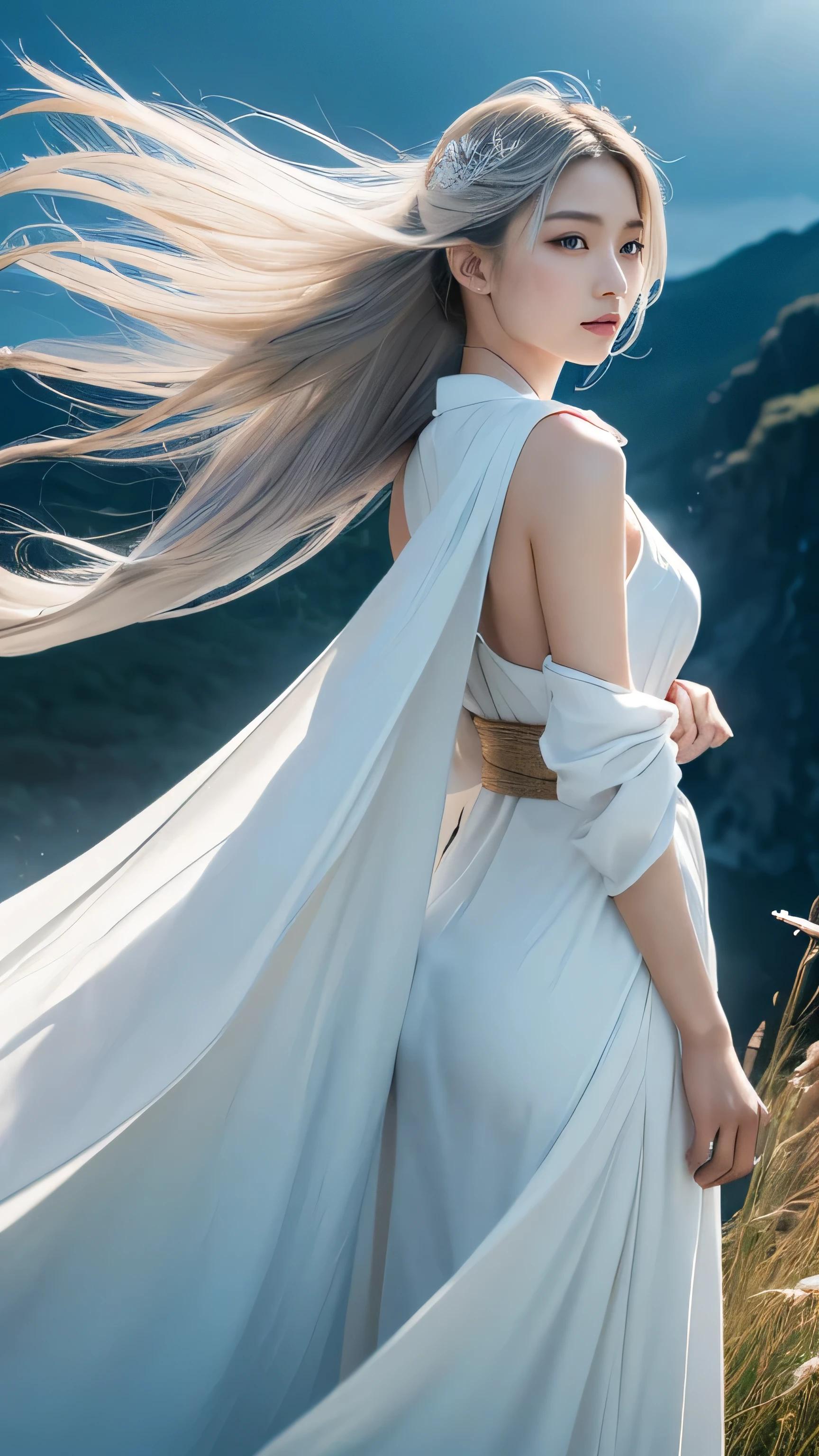 "Create an ultra-realistic depiction of Fujin, the Japanese god of wind, reimagined as the ultimate beautiful girl while retaining her iconic features. She stands tall and graceful, her slender figure exuding both elegance and power. Her skin is a soft, luminous shade with a subtle, ethereal glow, reminiscent of the sky at dawn. Her long, flowing hair, now a cascade of silvery-white, moves gently as if caught in an eternal breeze, symbolizing her command over the wind.

Her eyes are large and captivating, a deep shade of blue or green, reflecting the vastness of the sky and filled with a serene, yet intense gaze that hints at her immense power. Her expression is both gentle and confident, with a soft smile that belies her control over the natural elements. She wears a flowing, elegant garment that wraps around her in layers, reminiscent of traditional Japanese clothing, but with modern, sleek designs that emphasize her femininity and grace. The fabric flutters and billows in the wind, adding a dynamic energy to her presence.

Her iconic wind sack has been transformed into a beautifully crafted, ornate item—perhaps a delicate, fan-like object or an elegant, wind-themed accessory—that she holds gracefully, symbolizing her effortless control over the winds. The background is a serene yet powerful landscape, with gentle breezes moving through a field of tall grasses under a sky filled with soft, swirling clouds. Despite her delicate appearance, she embodies the beauty and power of the wind, blending the traditional essence of Fujin with the allure and elegance of an ultimate, captivating beauty."