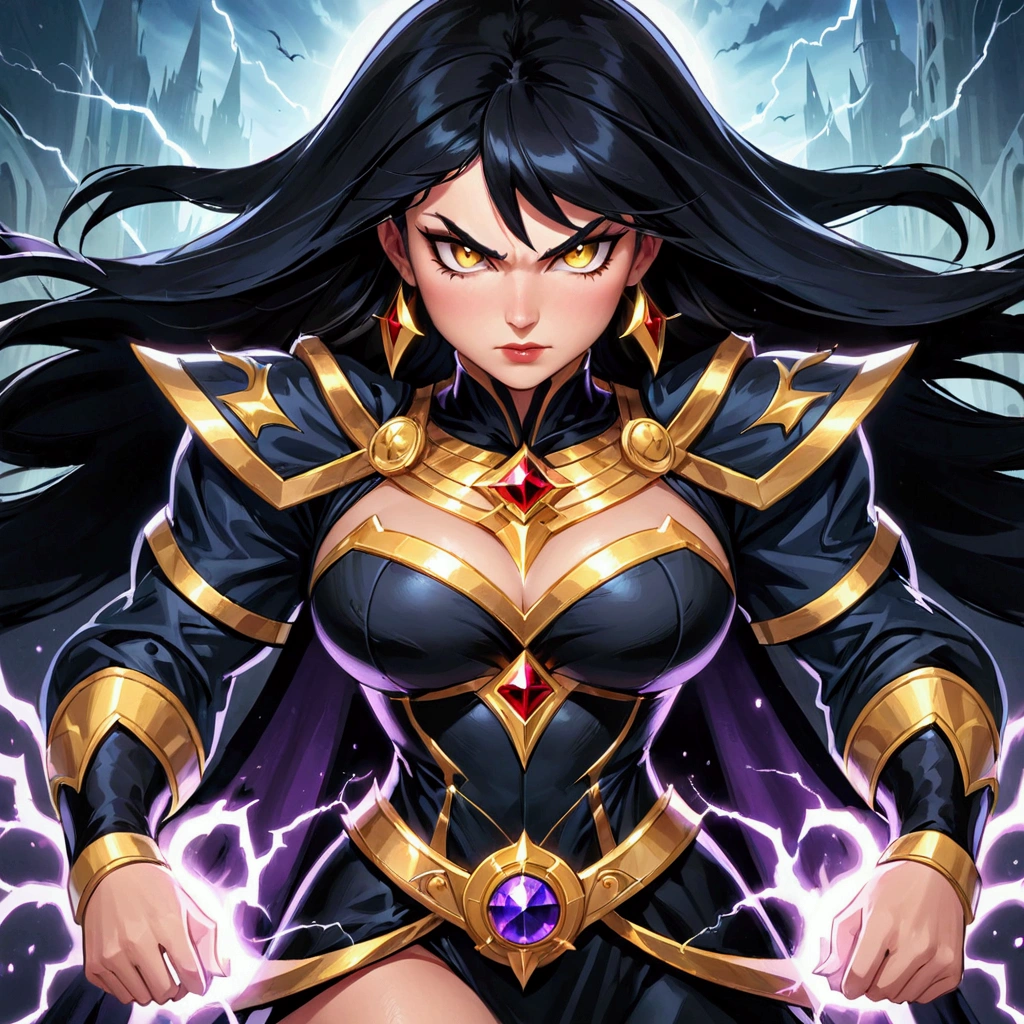 a cartoon of a woman in a black and gold outfit, the princess of power, dark sorceress full view, evil godess, astri lohne, dark sorceress, portrait of modern darna, supervillain sorceress witch, furious dark haired women, portrait knights of zodiac girl, goddess of lightning, evil sorceress, black - haired mage