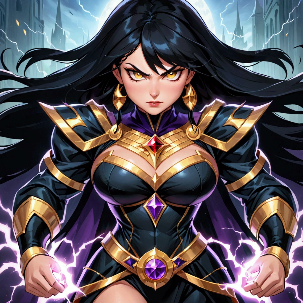 a cartoon of a woman in a black and gold outfit, the princess of power, dark sorceress full view, evil godess, astri lohne, dark sorceress, portrait of modern darna, supervillain sorceress witch, furious dark haired women, portrait knights of zodiac girl, goddess of lightning, evil sorceress, black - haired mage