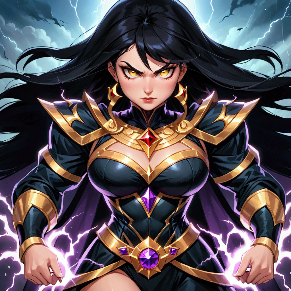 a cartoon of a woman in a black and gold outfit, the princess of power, dark sorceress full view, evil godess, astri lohne, dark sorceress, portrait of modern darna, supervillain sorceress witch, furious dark haired women, portrait knights of zodiac girl, goddess of lightning, evil sorceress, black - haired mage