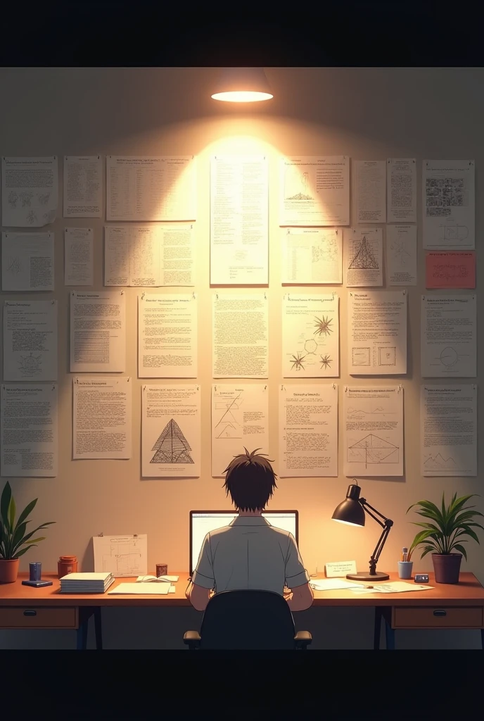 Aesthetic background with paper notes on the wall about research, lit in the middle, without people and in anime style