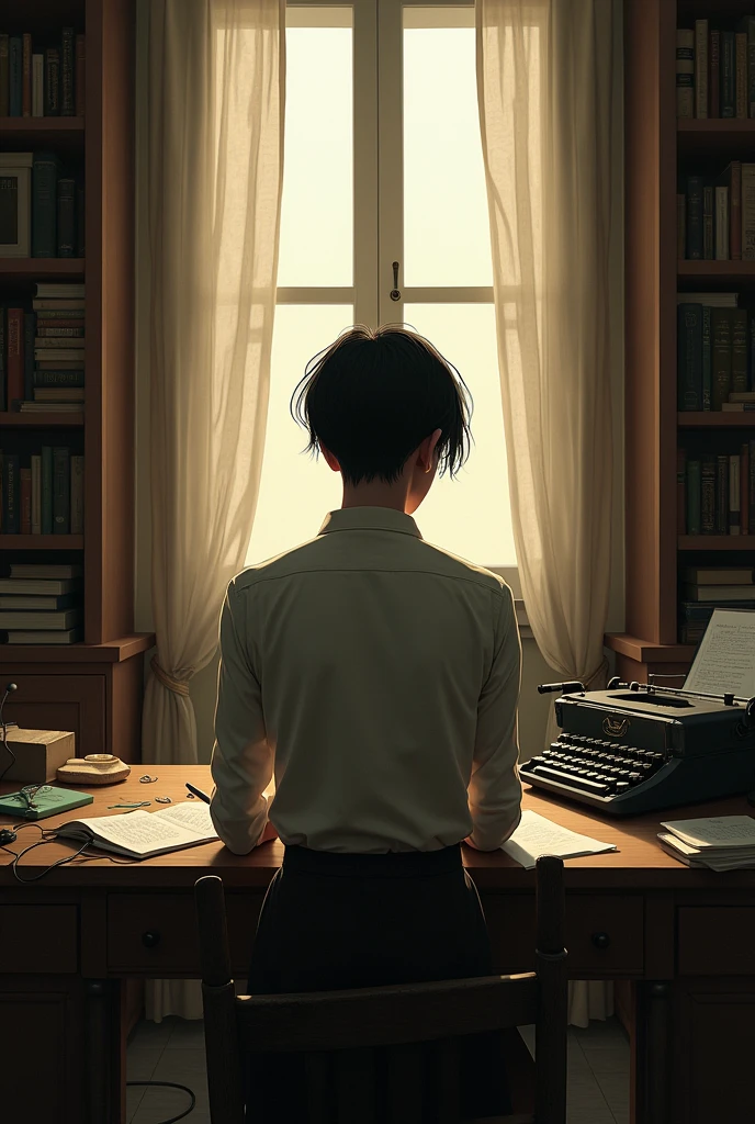 A person writing a novel, their back view appears more androgynous.