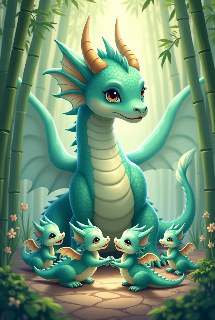 A tiffany green dragon,huge,on the ground,Several little dragons held hands with him,cute style,background chinese style,forest