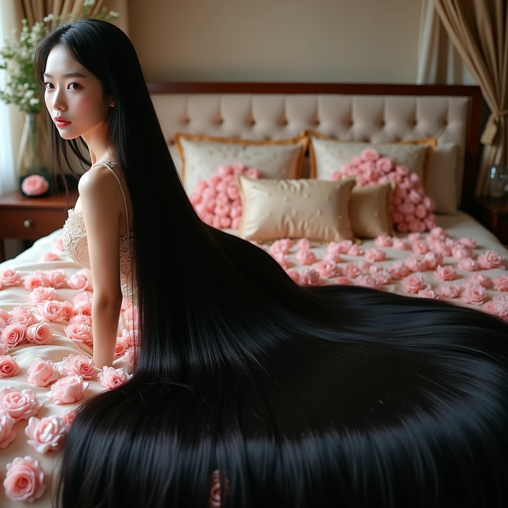 Pretty Asian women、Full body photo、Head to toe photos、Taken from about 4 meters away、ultra-realistic、The longest black hair in the world、Hair longer than Rapunzel、She has very long black hair that covers her entire body...、Hair that is shampooed every day is so beautiful、I's hair isバラの香りがして、My very long black hair makes me look sexy.、My charm is my long black hair、Long black hair is a symbol of beauty、I'I am proud of my long black hair、This long hair length and volume is admired around the world.、Her very long black hair is fanned out、Smooth black hair that flows from shoulders to floor、I have a lot of hair、Cover the entire bed with hair、Hide your hands with your long hair、Hide your fingers with your long hair、A storm of black hair about to overflow from the screen、,Full body photo,超Super long hair、naked、the most Beautiful Hair in the world、Lie on your back in bed 、Long hair covering her vagina,wear red kebaya batik motif,Cover the whole body with straight hair、Very beautiful face、beautifully styled black hair、Very large amounts of hair、Super long hair that accentuates femininity'sexly、Slim figure、Beautiful and shiny hair、Bright lighting、Professional Lighting、Full body photo、Black hair contest winner、the place is a bedroom from flower、My hair is reaching the floor of flower and dragging、Full of black hair、She is leaning on the bed from flower, Show off your long hair.、The bed from flower is full of hair、Long black hair covers the whole body、Super long hair、Best image quality、highest quality、Highest Resolution、Ultra-realistic photos、Full body photo、1 girl、Very beautiful face、 Real Photo、Live-action,((large breast:1.6),((pose looking back over shoulder))