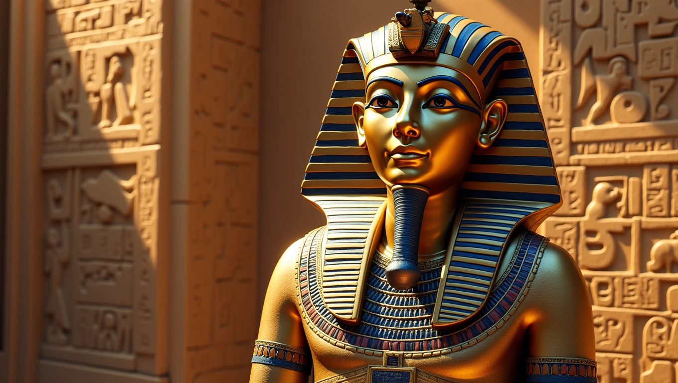 Ancient Egyptian Pharaoh Tutankhamun's mummified face, soft golden light highlighting intricate wrapping patterns, shadowy grand temple backdrop, ancient hieroglyphs and sculptures punctuating the mysterious air, eerie yet majestic ambience, digital painting, cinematic, ultra realistic.