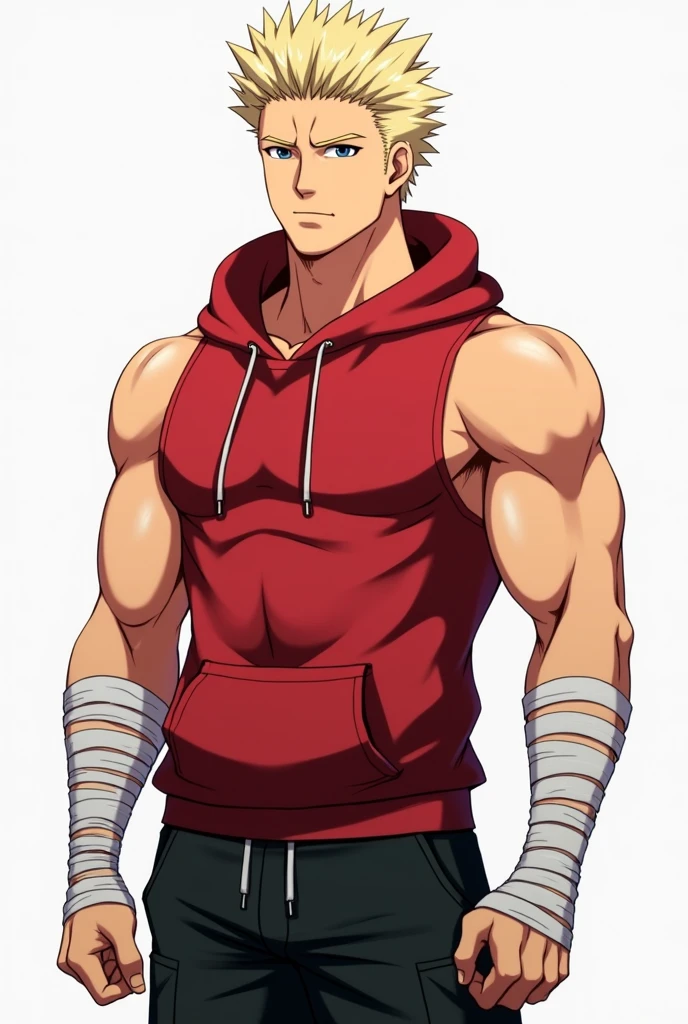 Male anime character athletic physique red sleeveless sweatshirt outfit with hoods arms a thin white bands that envelop both forearms and the palms of the hands leaving only the fingers sample black cargo pants Slightly long blond hair With a pompadour With a back parting to the right side thick and spiky bangs divided in the center Sine dominant the left side of the bangs with more and longer strands and on the right side shorter strands