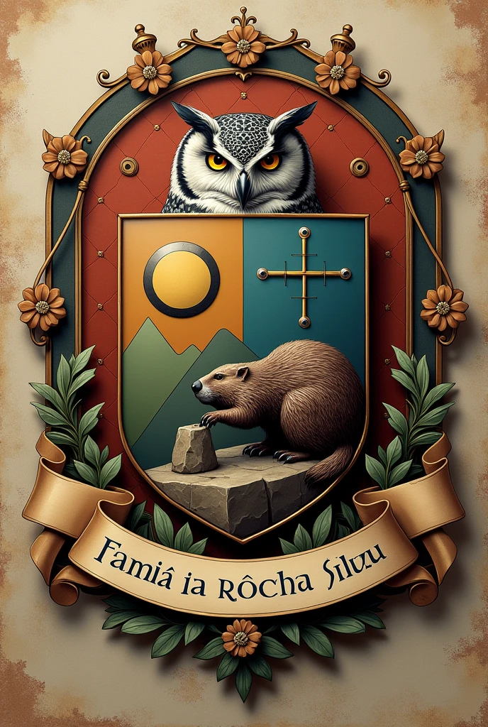 Simple family crest with an owl representing wisdom and intelligence associated with the pedagogy profession and a beaver for civil engineering with a ribbon saying FÁMILIA SALOMÉ ROCHA SILVA in Portuguese