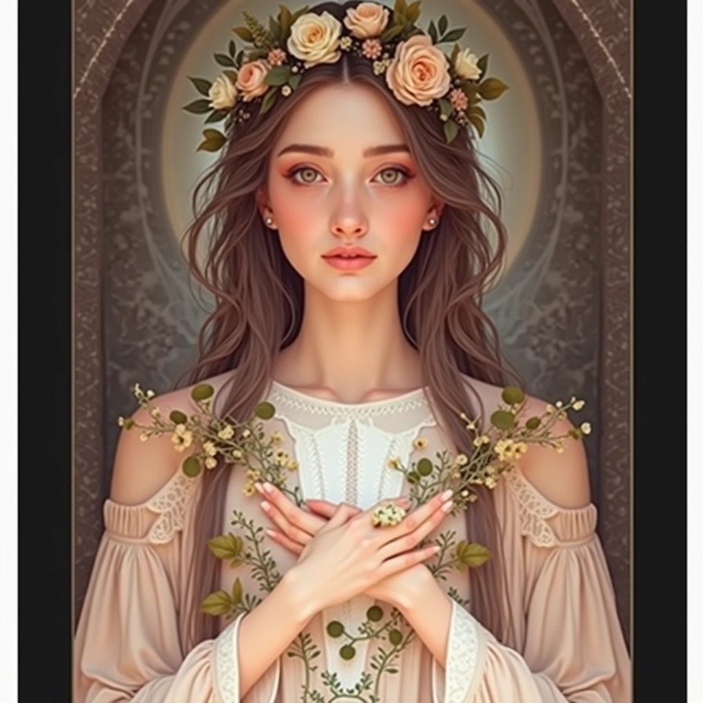 Beautiful and chaste, the most beautiful, Grinning, with a wreath on his head, super realistic human physiognomy