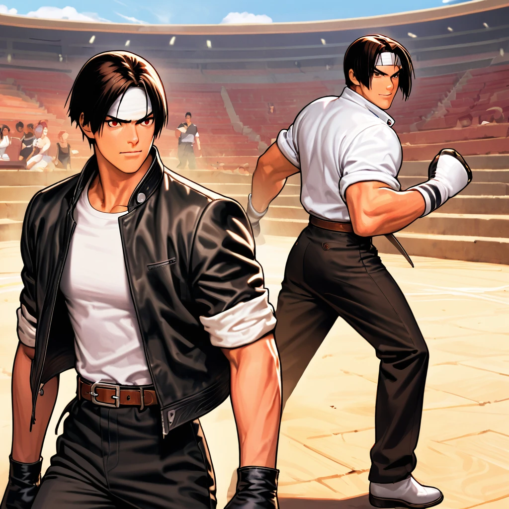 Masterpiece, 2 people, man and woman before fight, one on one, best quality, 8K, smirking, fighting pose, fight: 1.5,(Kyo Kusanagi), man has dark skin, dark hair, red eyes, alone, ((white headband)) two shots, (rolled up arms) black rider jacket, fingerless gloves, black hair, white t-shirt , black pants, white shoes, brown belt, boyish, handsome, shot, charming, masterpiece, high quality, fine face, grainy, morning, confident smile, men and women fighting with Arles amphitheater in background, loud cheers, same hair, same hair and clothes, angry face: 1. attack speed 5, fast attack, angry face, angry face