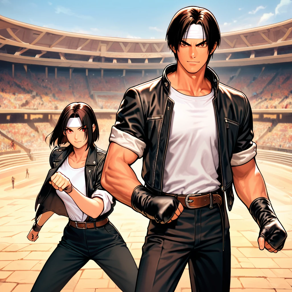 Masterpiece, 2 people, man and woman before fight, one on one, best quality, 8K, smirking, fighting pose, fight: 1.5,(Kyo Kusanagi), man has dark skin, dark hair, red eyes, alone, ((white headband)) two shots, (rolled up arms) black rider jacket, fingerless gloves, black hair, white t-shirt , black pants, white shoes, brown belt, boyish, handsome, shot, charming, masterpiece, high quality, fine face, grainy, morning, confident smile, men and women fighting with Arles amphitheater in background, loud cheers, same hair, same hair and clothes, angry face: 1. attack speed 5, fast attack, angry face, angry face