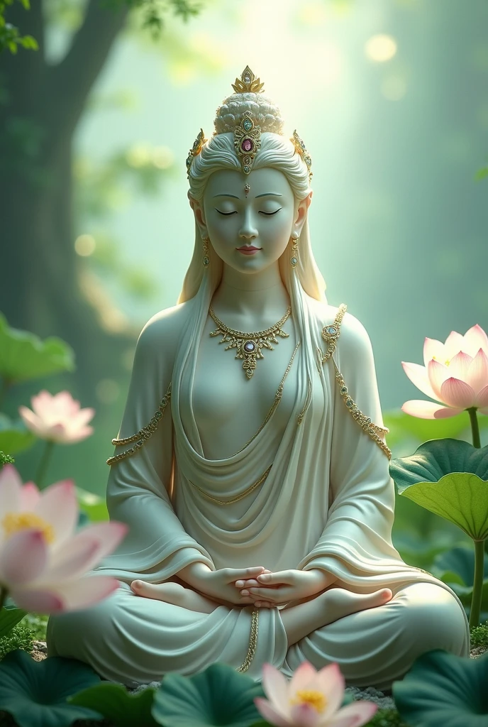 Tara: - A Bodhisattva Bodhisattva with a calm appearance, often depicted with a gentle smile. She can be depicted sitting on a lotus or throne, surrounded by lotus flowers, with a soft green or blue background, symbolizing compassion and protection. In dall e-3 style