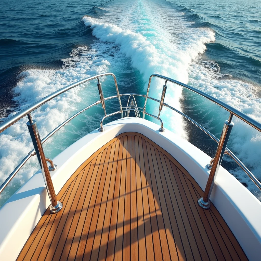 "Create a hyper-realistic POV image from the deck of a luxury yacht, focusing on the teak wood flooring, polished stainless steel railing, and part of the yacht’s white hull. The water below is a vibrant blue with frothy white waves, indicating motion. The lighting should capture the natural sunlight, casting soft shadows and reflections on the wooden surface, emphasizing the contrast between the warm wood tones and the cool metallic elements." shed surfaces, all under soft, natural lighting."