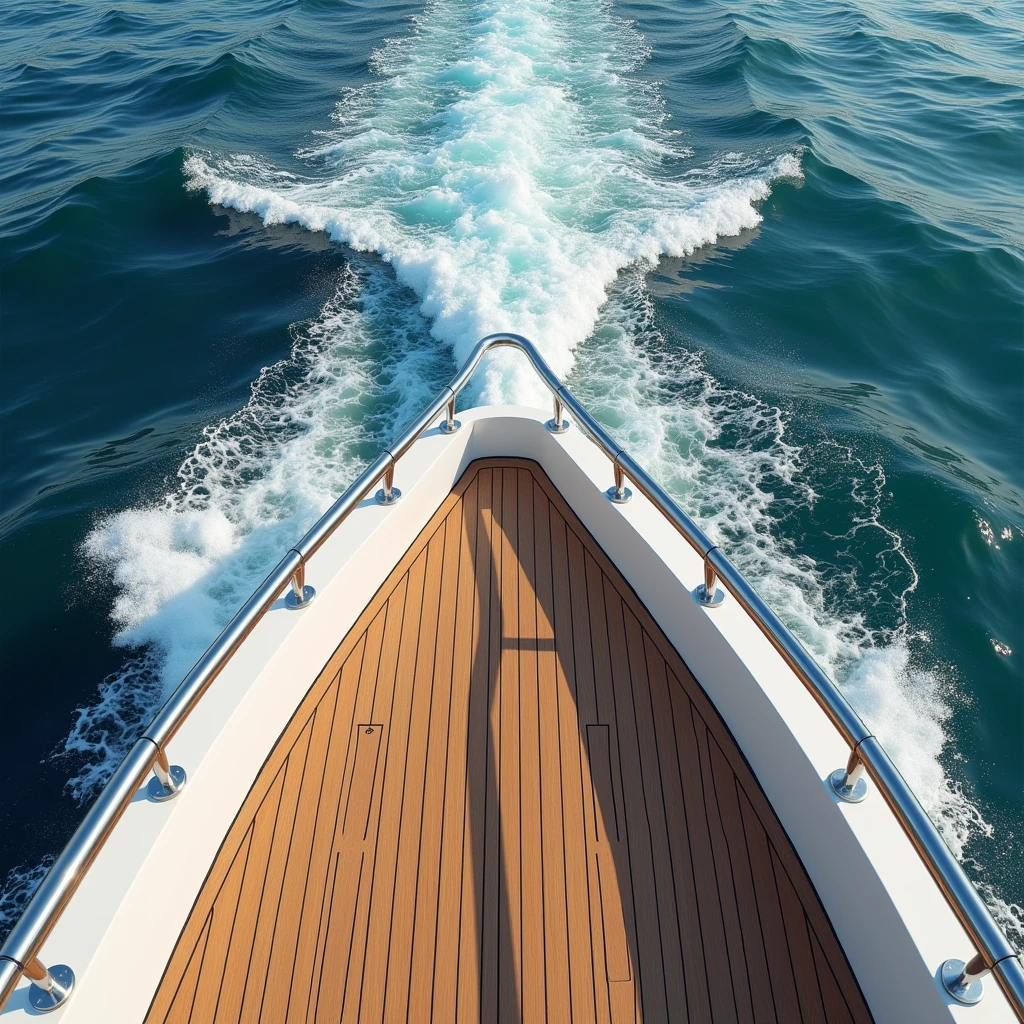 "Create a hyper-realistic POV image from the deck of a luxury yacht, focusing on the teak wood flooring, polished stainless steel railing, and part of the yacht’s white hull. The water below is a vibrant blue with frothy white waves, indicating motion. The lighting should capture the natural sunlight, casting soft shadows and reflections on the wooden surface, emphasizing the contrast between the warm wood tones and the cool metallic elements." shed surfaces, all under soft, natural lighting."