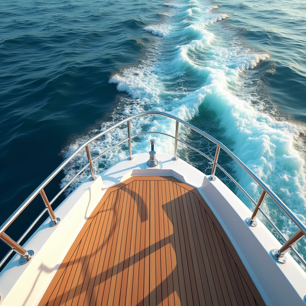 "Create a hyper-realistic POV image from the deck of a luxury yacht, focusing on the teak wood flooring, polished stainless steel railing, and part of the yacht’s white hull. The water below is a vibrant blue with frothy white waves, indicating motion. The lighting should capture the natural sunlight, casting soft shadows and reflections on the wooden surface, emphasizing the contrast between the warm wood tones and the cool metallic elements." shed surfaces, all under soft, natural lighting."