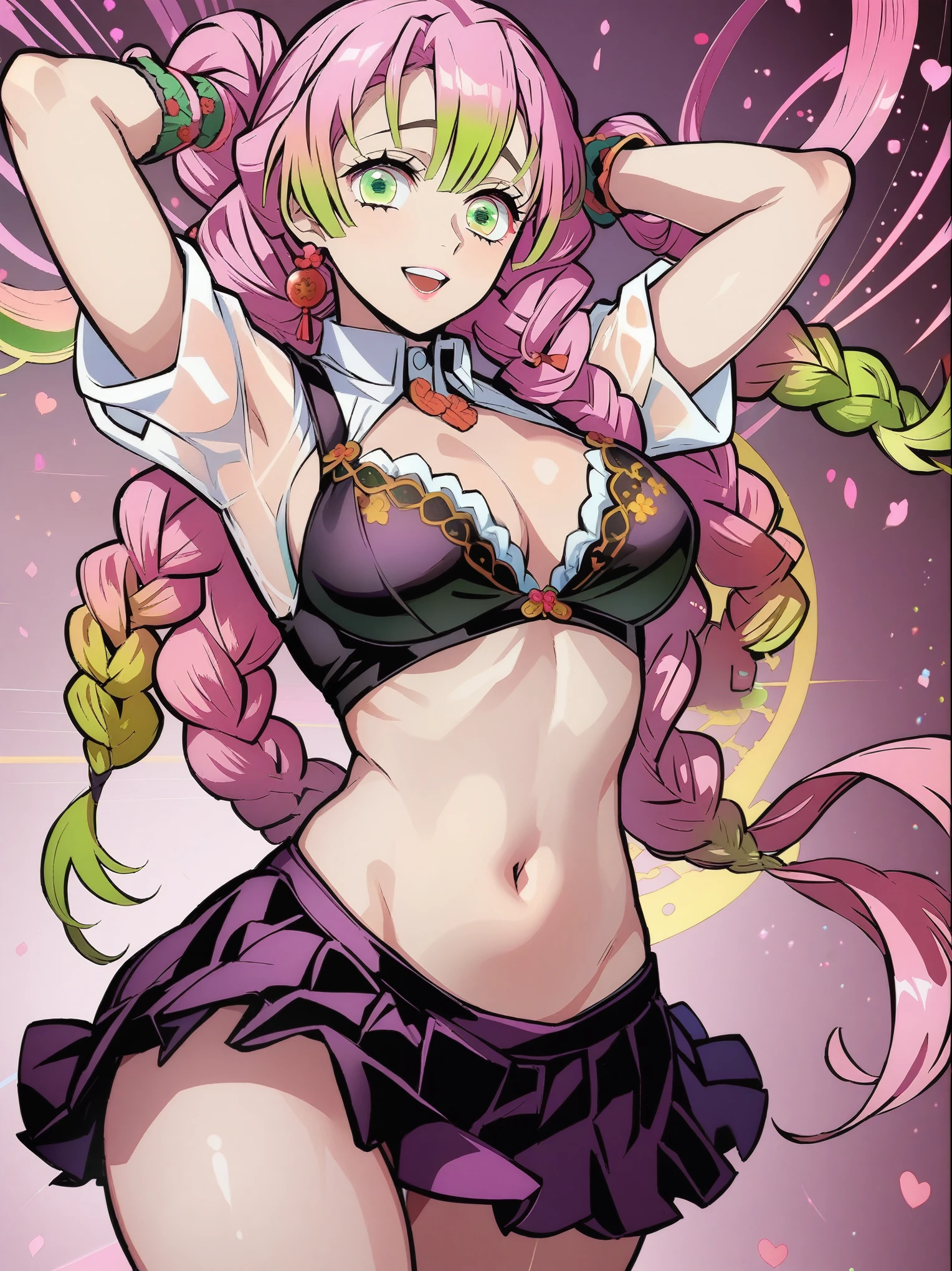 score_9, score_8_up, score_7_up, nsfw, (Demon Slayer, kimetsu no yaiba style), KMitsuriV4XL, (1girl, solo), (twin braids, gradient hair, pink hair, light green hair, shiny hair), green eyes, glossy skin, tucked flared lace see-through blouse, short pleated skirt, dancing, smile, looking at viewer