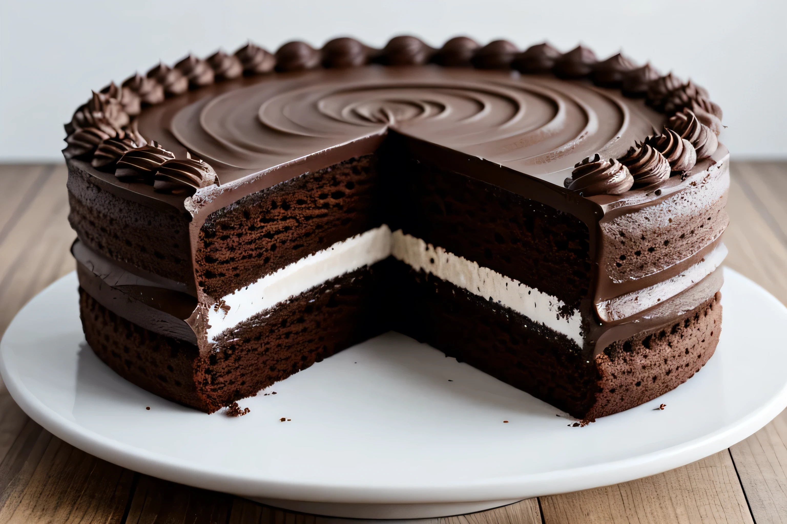 chocolate cake isolated on white background. Delicious chocolate cake with custard sliced with a knife. Enjoy every bite of this sweet dessert. An ideal sweet breakfast option in the morning