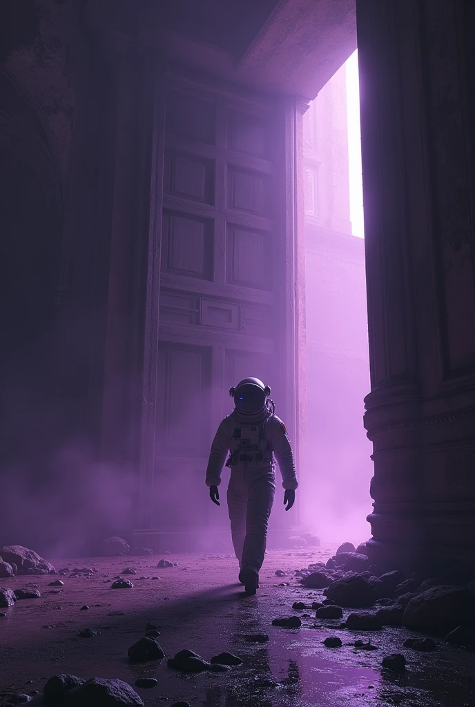 The astronaut stepped into the dark, ancient building with a purple haze of smoke., The massive door closed behind him by itself. The sound of mysterious footsteps grew closer, But Jono didn't realize it.