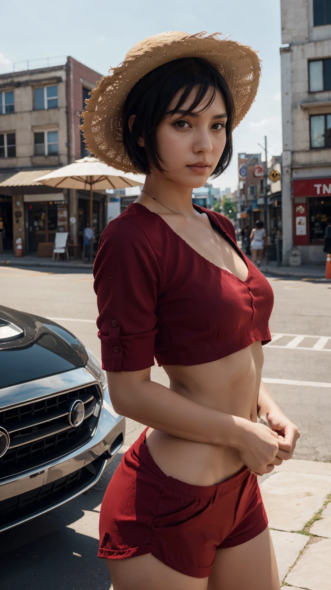 1girl, female, cosplay, short hair , black hair, black eyes, beautiful straw hat , red clothes , city background, ultra detail, realistic, 4k picture, textured skin