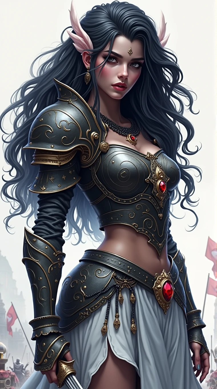 black hair, eyes black, black and gold armor , skin black, long hair, elsword , Red jewel on the sword hilt, war scenario, Surrealism, posters, Mediovale, 8k, super detail