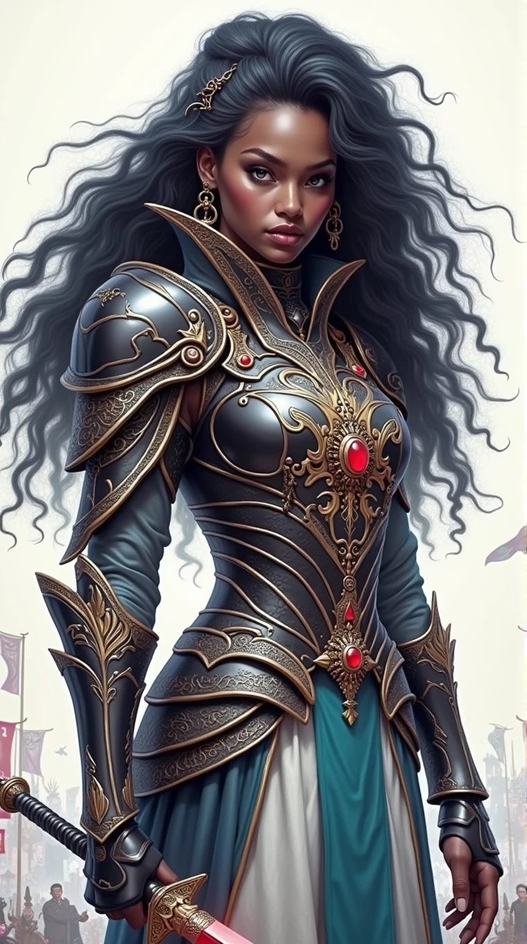 black hair, eyes black, black and gold armor , skin black, long hair, elsword , Red jewel on the sword hilt, war scenario, Surrealism, posters, Mediovale, 8k, super detail