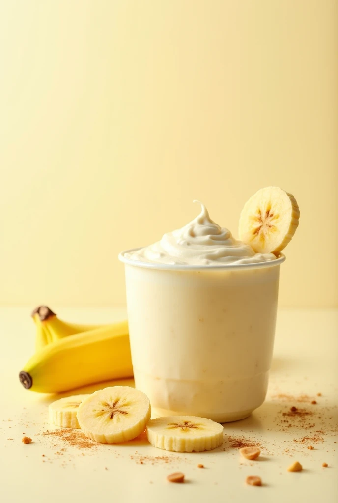 Banana flavored soy yoghurt with image of soybean and banana with pale yellow color