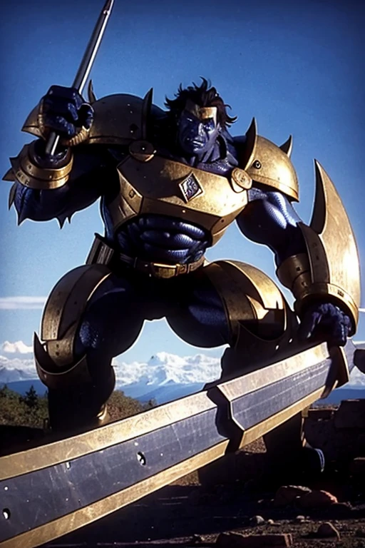 A Giant Troll holding A behemoth of a metallic huge axe in his hands. The Axe vibrant hues glowing. The colossal tool's enormous size renders passersby as mere ants scurrying about its base, their tiny forms dwarfed by the massive structure.