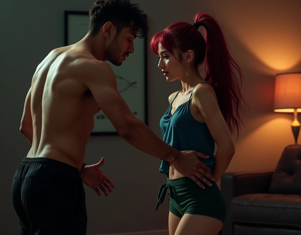 190 cm tall, 27-year-old lithe man with black wavy bowl cut hair, shirtless, Chinese-Korean-Japanese features, wearing black pajama pants, reaching towards a 170 cm tall, 24-year-old woman in front of him, facing away from him. The woman has very pale skin, vibrant maroon wavy medium-length layered hair in a high ponytail, fit figure, wearing a sapphire flowy top, dark green suede shorts, black belt, and red high-heel wedge sandals, with a tentative expression. Scene set in a dark-toned bachelor pad living room. Photorealistic, cinematic.