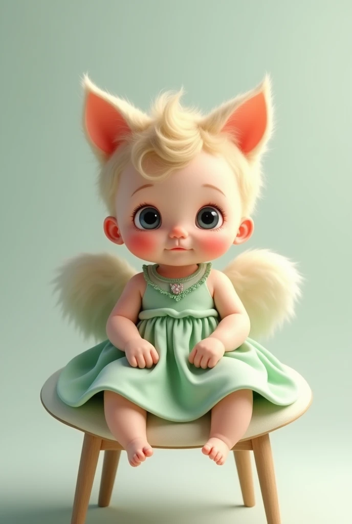  front facing Famale baby setting on chair female big hair famale baby ear like cats famale baby frock colour light green
Cleen background 