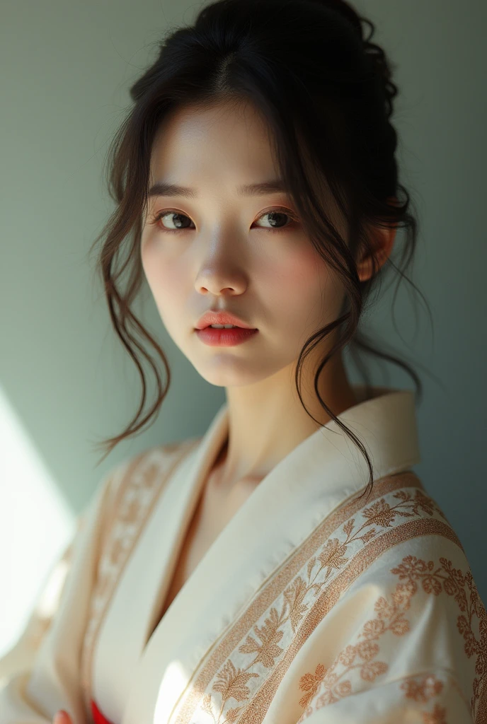 An elegantly dressed Japanese woman in natural light、A close-up of her chest and calm expression.、It shows her inner peace and outer charm.。