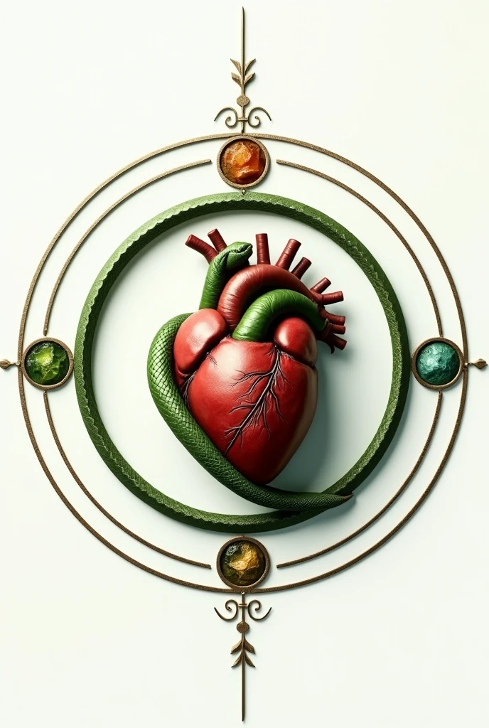 A circle with a green snake coiled around it, in the center a real human heart with a white background and the 4 elements around it..