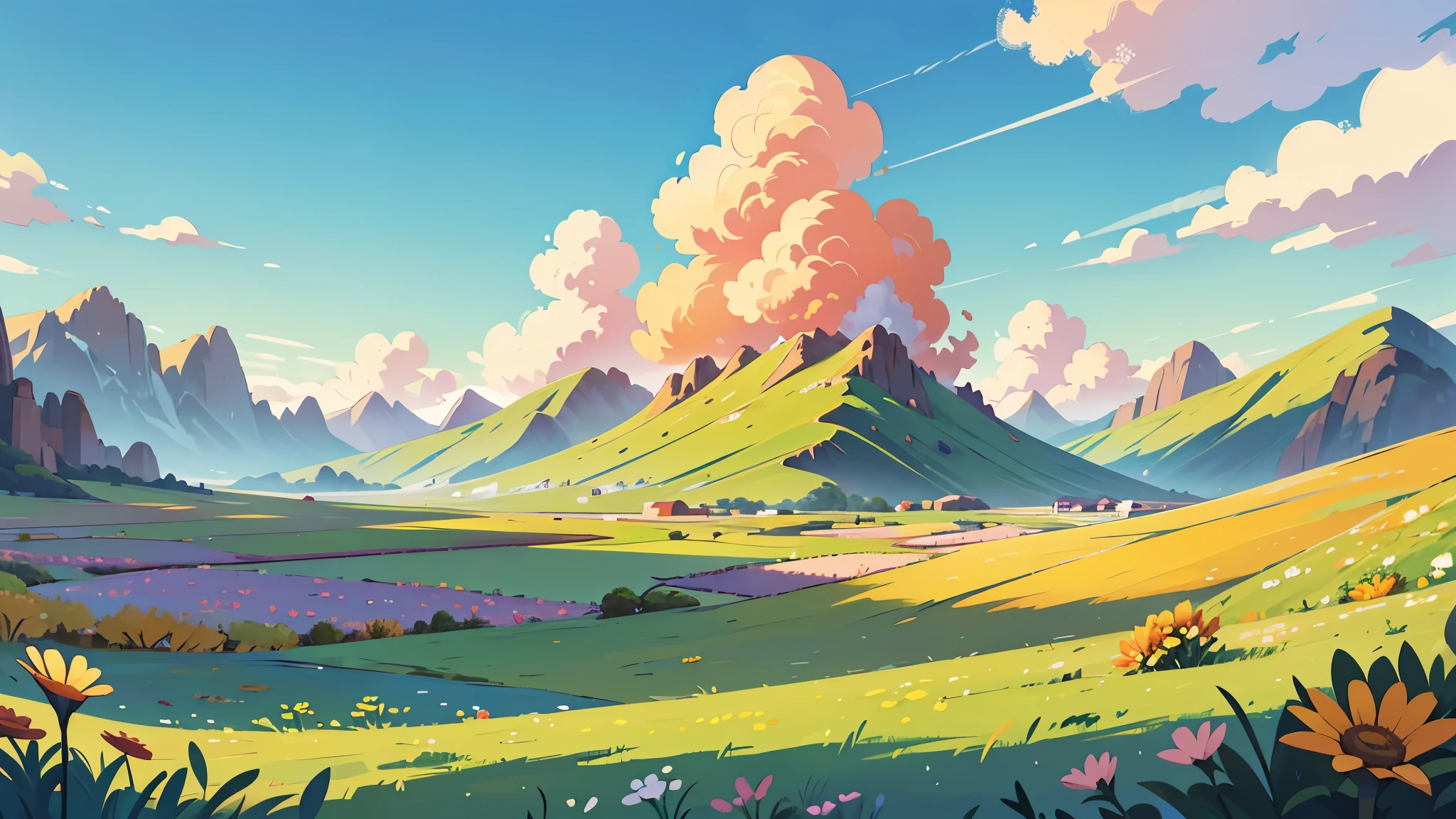 A beautiful sun, radiant, behind fluffy mountains, peaceful landscape, romantic landscape, flat meadow with flowers, bright landscape, Fantastic landscape, peaceful scene, beautiful oil painting, Sunny and desert meadow in the background