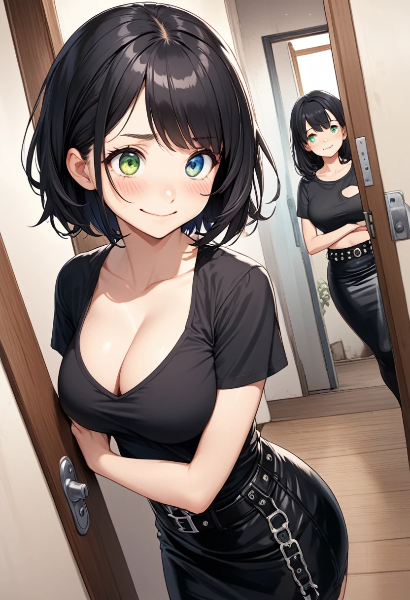detailed illustration, dynamic angle, ultra-detailed, illustration, 1girl, medium breasts, heavy breasts, heterochromia, blue eye, green eye, shy, bashful, delighted, black hair, black lipstick, smiling, embarrassed, hands together, black goth shirt, cleavage, black leather skirt, buckles on skirt, doorway, slums