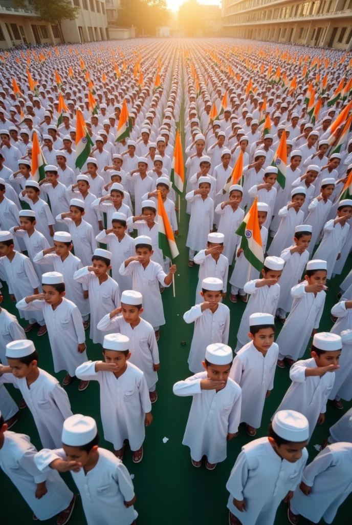 100 Muslim madarsa children white kurta and white Topi with Indian flag every student one hand. And other one hand salute big flags on 15 August. top view