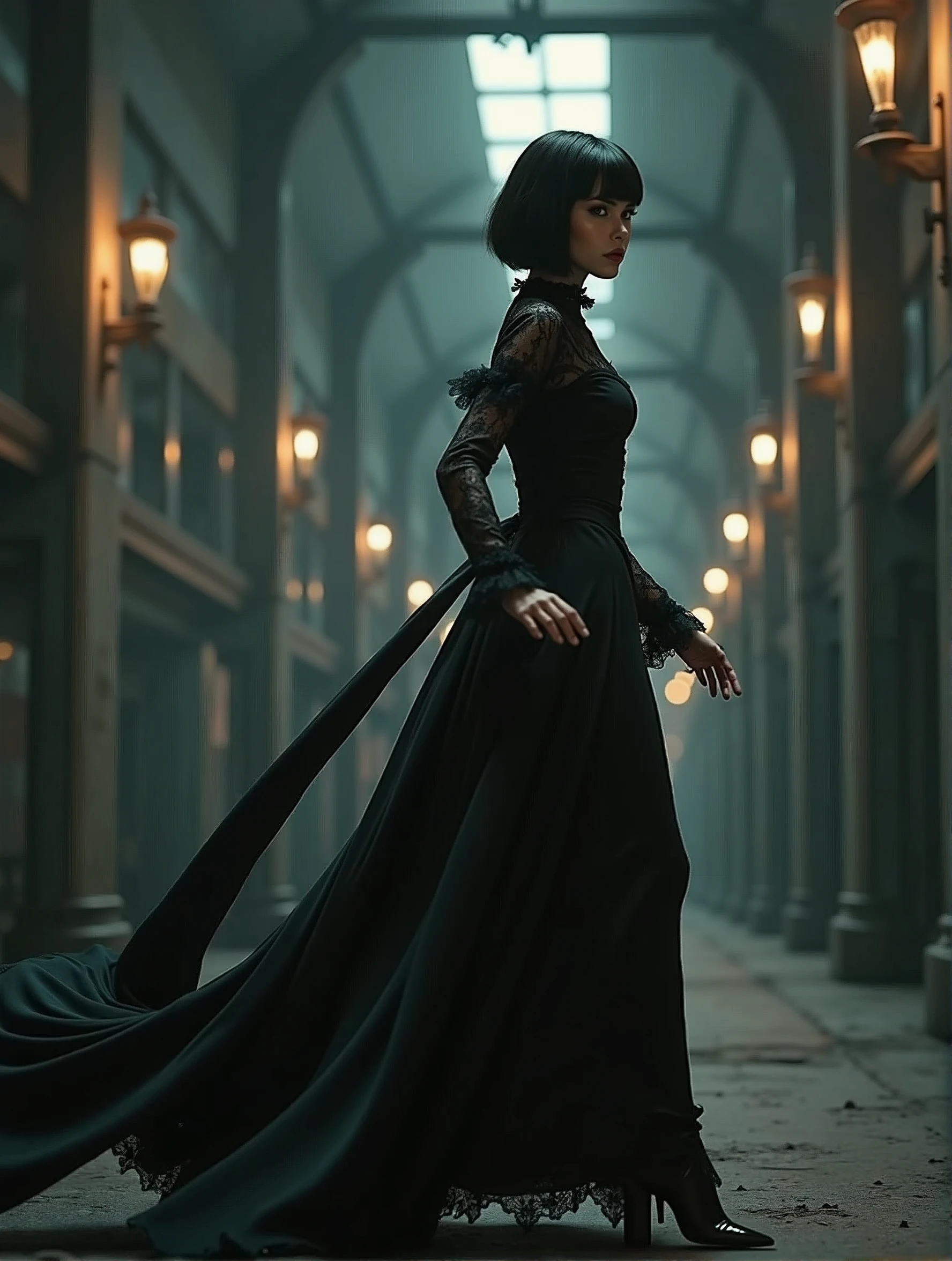 (Photorealism:1.2) woman, brunette, square hairstyle, Long legs, Beauty, dressed in a black long dress, Gothic dress, with a long train, high Victorian collar, gray eyes color, cyberpunk background, full height of a girl, inside an industrial building, runs deep into the corridor, terror in the eyes, Turns back, a view from afar down a long corridor