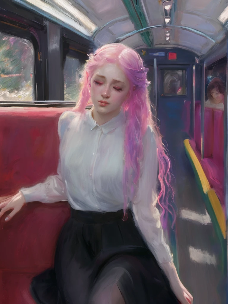 sargent,1girl,solo,light particles,swirling lights,,bloom,romanticized,detailed,8k,best quality,masterpiece,highres, Pastel Rainbow hair, full body, dewy,crying pastel rsinbows,white eyelashes,soft hair,soft eyelashes,painting,sitting on train seat,((black crowd)),focusing on girl in train