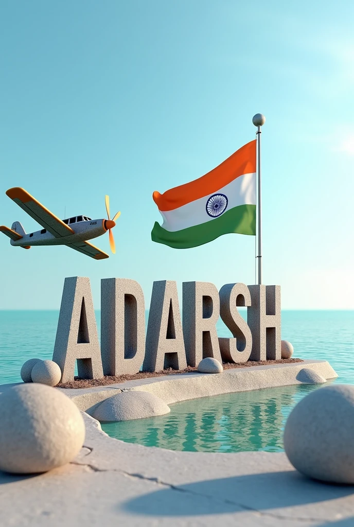 :- Name “ADARSH” real 3D sea Island background with big Indian flag , stone text capital big aroplane, stone peal. stylish in front 3D rendering, typography, 3d render, 