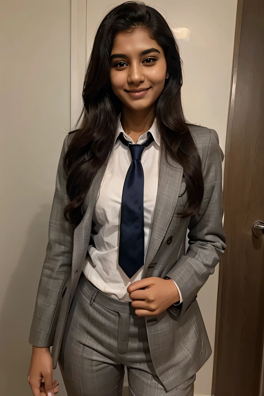 a beautiful 21 year old indian girl with long hair smiling face beautiful eyes wering official suit coat pant tie
