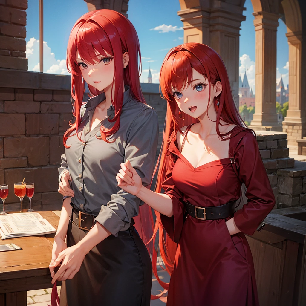 Hot princess with red hair ,swearing magic, inside a castle, .