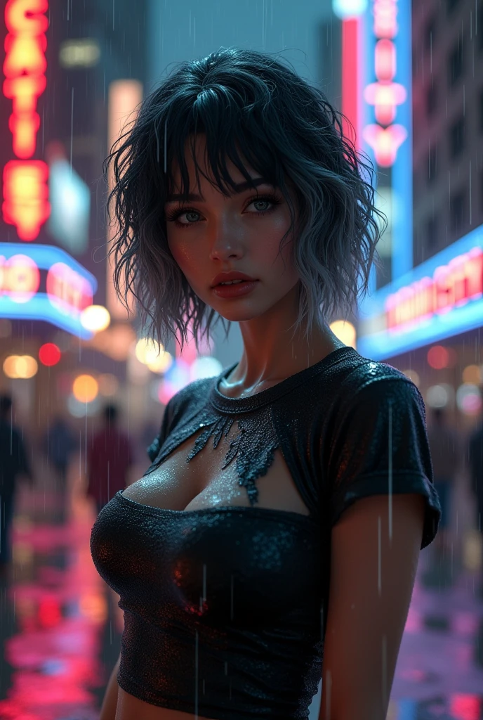 Random pose、Mix 4、(8k、RAW Photos、Highest quality、masterpiece:1.45)、(Realistic、Photorealistic:1.37)、One Girl、cute、Cityscape、night、rain、Wetty、Professional Lighting、Photon Mapping、Radio City、Physically Based Rendering、Gradient black hair、Gray Hair、Short Curly Hair、Handsome、and、Tight T-shirt、Pale-skinned、Highest qualityの写真、High resolution、1080P、(Clear Face)、(Detailed face description)、(Detailed hand description)、 (masterpiece), (Exquisite CGI), 極端な光and影, Disheveled Hair, masterpiece, Rich details, (Beautiful Faces), (Highest qualityの写真), (masterpiece), (Finely grained), Look in front of you, Thin clavicle, (Huge boobs:1.47),