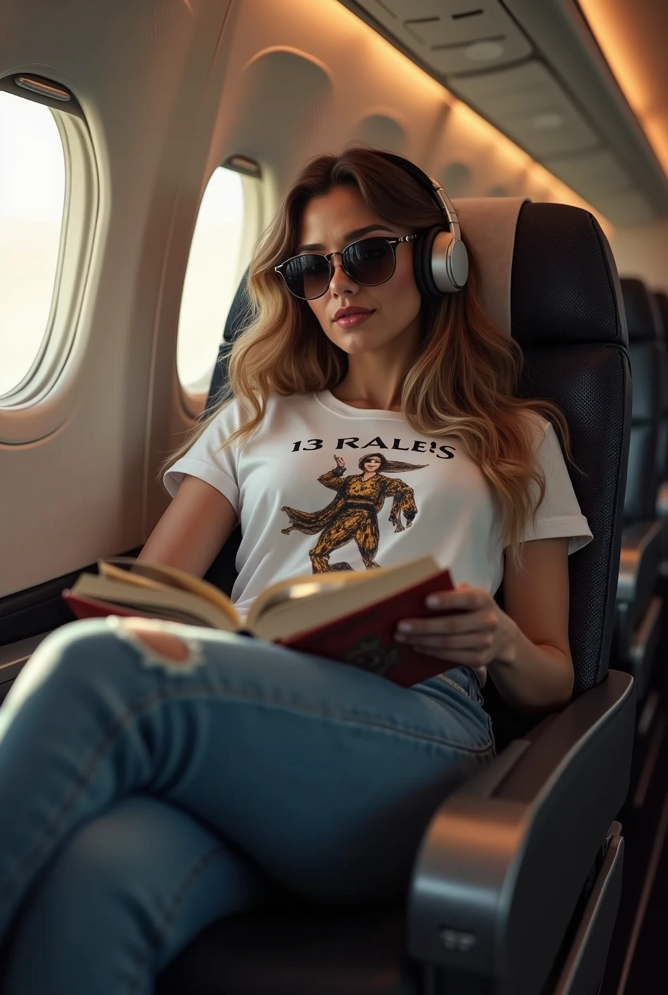1 women, detailed, Professional lighting, Very beautiful women(curve body), long hair, wearing white printing t-shirts and jeans, sun glasses, headphones, sitting inside the plane, reading a book