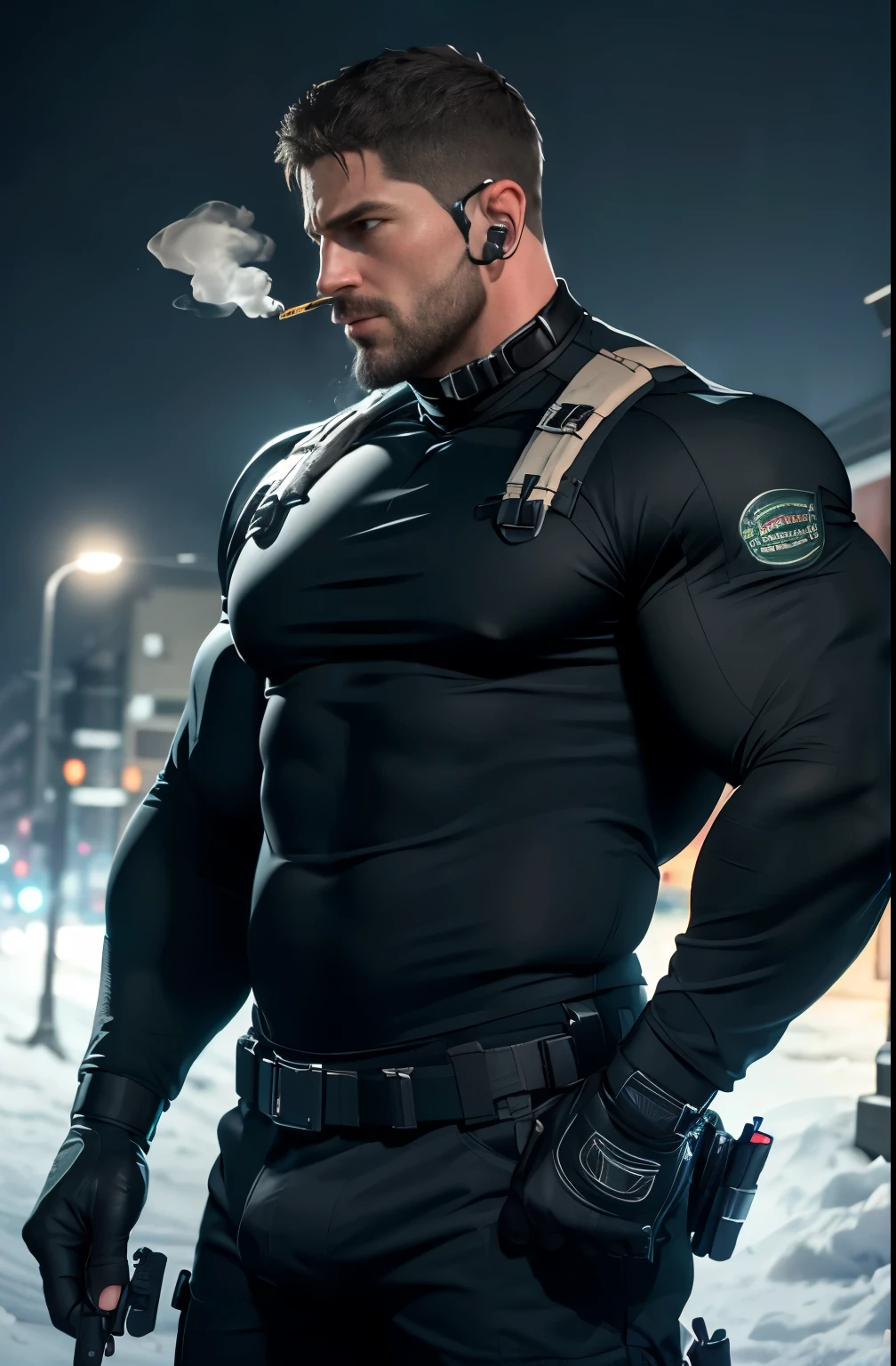 Gothic village with dark background, 《Resident Evil 8》Chris Redfield Sr, 48 years old, Muscle Man, tall and big, Biceps, Abdominal muscles, Chest, All black cool high collar shirt, Long sleeve, Black pants, Big bulge, Shoulder Holster, earpiece, belt, Thick beard, Cold Face, With a cigarette in his mouth, smokes, Video game style, high resolution:1.2, best quality, masterpiece, Night, Dark atmosphere, winter, snow, shadow, Upper body shooting