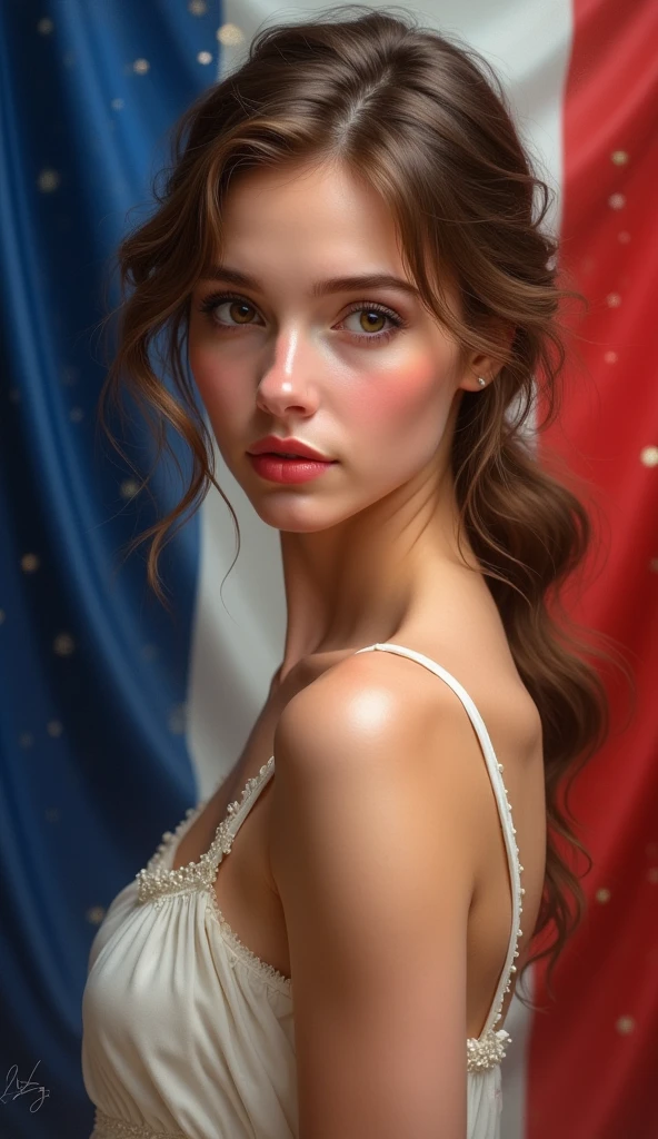 Beautiful Marianne, 18 years old、French goddess。whole body。slim、Small breasts。French flag background
