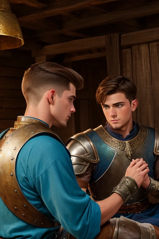 Photo-realistic. A pleased, , handsome, muscular Caucasian man with fade-cut, brown hair, and blue eyes, wearing shabby, sleeveless, leather armor, with metal shoulder guards, boasting, as he tells a dramatic story to a 15-year-oldcasian peasant man, with short, brown hair, and blue eyes, in a blue and green tunic, listening in wonder, sitting next to each other on a simple bed, in a rustic inn room, at night.