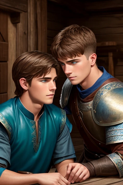 Photo-realistic. A pleased, 16-year-old, handsome, muscular Caucasian man with fade-cut, brown hair, and blue eyes, wearing shabby, sleeveless, leather armor, with metal shoulder guards, boasting, as he tells a dramatic story to a 15-year-old, lean, Caucasian peasant man, with short, brown hair, and blue eyes, in a blue and green tunic, listening in wonder, sitting next to each other on a simple bed, in a rustic inn room, at night.