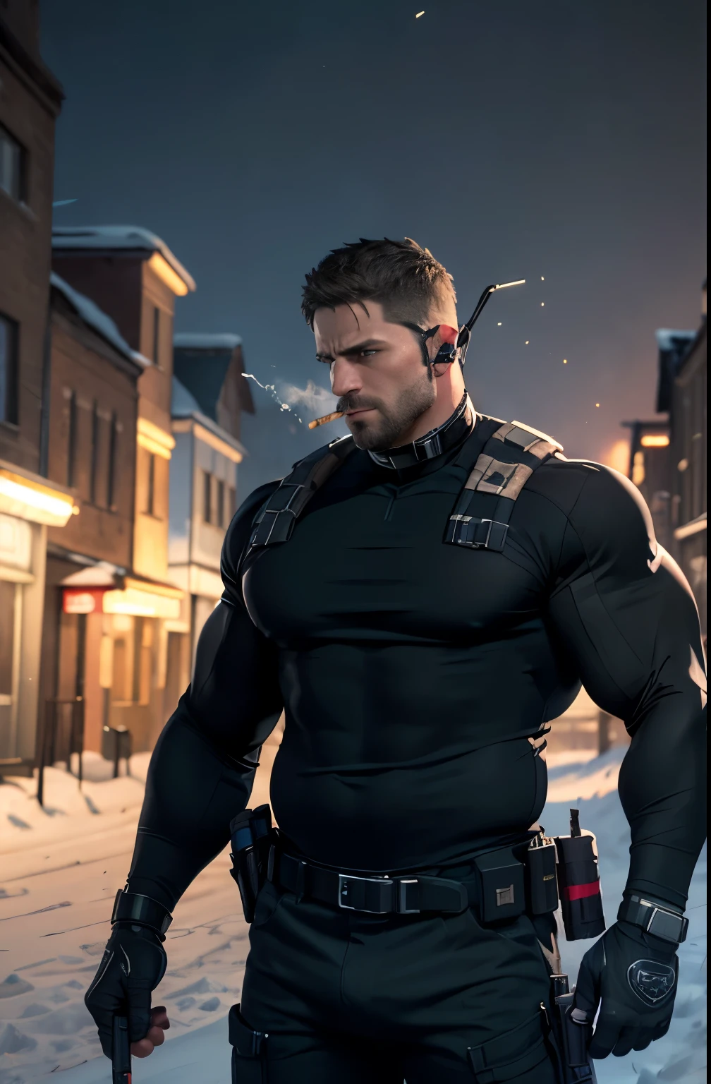 Gothic village with dark background, 《Resident Evil 8》Chris Redfield Sr, 48 years old, Muscle Man, tall and big, Biceps, Abdominal muscles, Chest, All black cool high collar shirt, Long sleeve, Black pants, Big bulge, Shoulder Holster, earpiece, belt, Thick beard, Cold Face, With a cigarette in his mouth, smokes, Video game style, high resolution:1.2, best quality, masterpiece, Night, Dark atmosphere, winter, snow, shadow, Upper body shooting