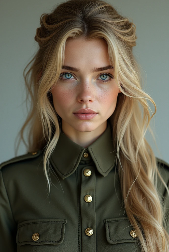 high quality, 最high quality, photo-Realistic, Raw photo, Realistic, ultra Realistic 8k cg, Very detailed, High resolution, masterpiece, One person, Long Hair, Blonde, blue eyes, Face and eye details, close, Intricate details, Detailed Texture, In detail,Military uniforms