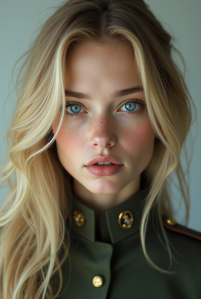 high quality, 最high quality, photo-Realistic, Raw photo, Realistic, ultra Realistic 8k cg, Very detailed, High resolution, masterpiece, One person, Long Hair, Blonde, blue eyes, Face and eye details, close, Intricate details, Detailed Texture, In detail,Military uniforms