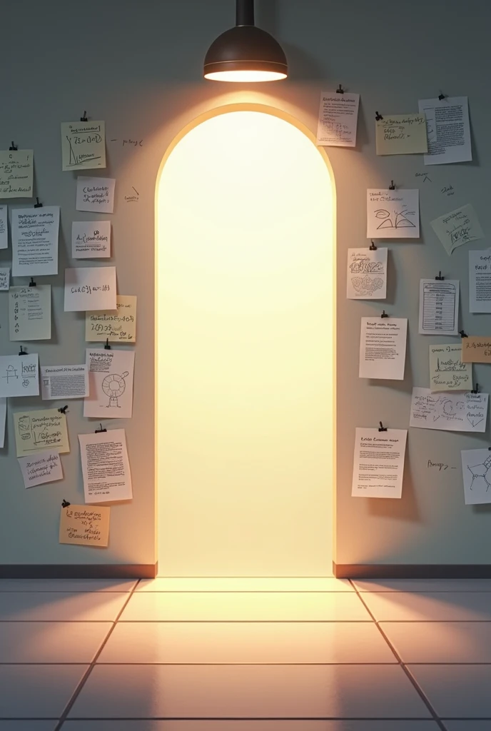 Aesthetic background with paper notes on the wall about research, illuminated in the middle, devoid of people and styled in anime, with nothing but the wall